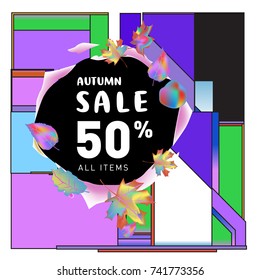 Autumn sale memphis style web banner. Fashion and travel discount poster. Vector holiday Abstract colorful illustration with special offer and promotion.