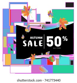 Autumn sale memphis style web banner. Fashion and travel discount poster. Vector holiday Abstract colorful illustration with special offer and promotion.