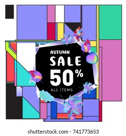 Autumn sale memphis style web banner. Fashion and travel discount poster. Vector holiday Abstract colorful illustration with special offer and promotion.