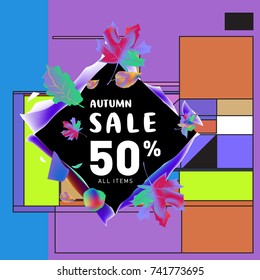 Autumn sale memphis style web banner. Fashion and travel discount poster. Vector holiday Abstract colorful illustration with special offer and promotion.