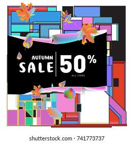 Autumn sale memphis style web banner. Fashion and travel discount poster. Vector holiday Abstract colorful illustration with special offer and promotion.