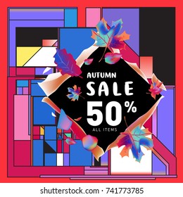 Autumn sale memphis style web banner. Fashion and travel discount poster. Vector holiday Abstract colorful illustration with special offer and promotion.