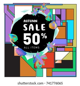 Autumn sale memphis style web banner. Fashion and travel discount poster. Vector holiday Abstract colorful illustration with special offer and promotion.