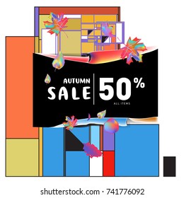 Autumn sale memphis style web banner. Fashion and travel discount poster. Vector holiday Abstract colorful illustration with special offer and promotion.