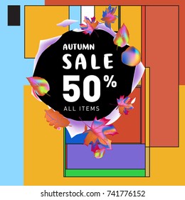 Autumn sale memphis style web banner. Fashion and travel discount poster. Vector holiday Abstract colorful illustration with special offer and promotion.