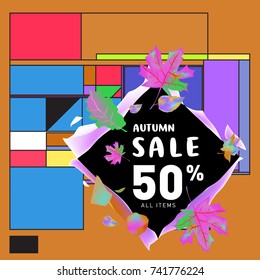 Autumn sale memphis style web banner. Fashion and travel discount poster. Vector holiday Abstract colorful illustration with special offer and promotion.