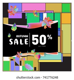 Autumn sale memphis style web banner. Fashion and travel discount poster. Vector holiday Abstract colorful illustration with special offer and promotion.