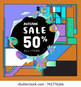 Autumn sale memphis style web banner. Fashion and travel discount poster. Vector holiday Abstract colorful illustration with special offer and promotion.