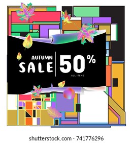Autumn sale memphis style web banner. Fashion and travel discount poster. Vector holiday Abstract colorful illustration with special offer and promotion.