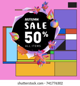 Autumn sale memphis style web banner. Fashion and travel discount poster. Vector holiday Abstract colorful illustration with special offer and promotion.