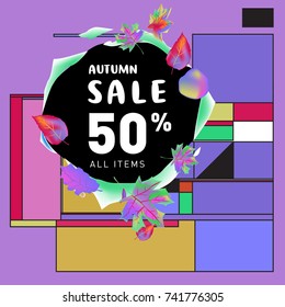 Autumn sale memphis style web banner. Fashion and travel discount poster. Vector holiday Abstract colorful illustration with special offer and promotion.