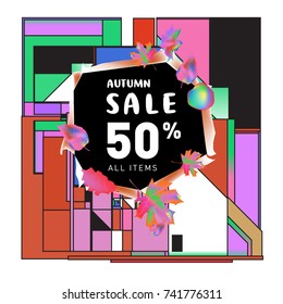 Autumn sale memphis style web banner. Fashion and travel discount poster. Vector holiday Abstract colorful illustration with special offer and promotion.