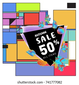 Autumn sale memphis style web banner. Fashion and travel discount poster. Vector holiday Abstract colorful illustration with special offer and promotion.