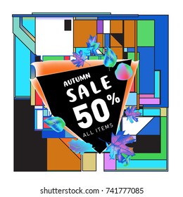 Autumn sale memphis style web banner. Fashion and travel discount poster. Vector holiday Abstract colorful illustration with special offer and promotion.