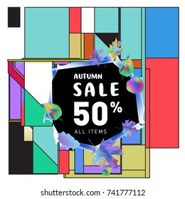Autumn sale memphis style web banner. Fashion and travel discount poster. Vector holiday Abstract colorful illustration with special offer and promotion.