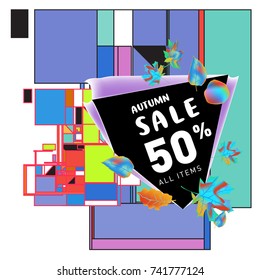 Autumn sale memphis style web banner. Fashion and travel discount poster. Vector holiday Abstract colorful illustration with special offer and promotion.