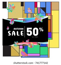 Autumn sale memphis style web banner. Fashion and travel discount poster. Vector holiday Abstract colorful illustration with special offer and promotion.