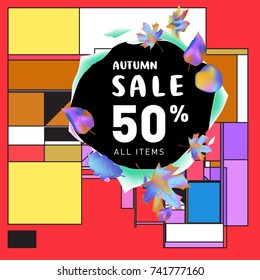 Autumn sale memphis style web banner. Fashion and travel discount poster. Vector holiday Abstract colorful illustration with special offer and promotion.
