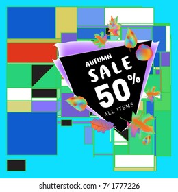 Autumn sale memphis style web banner. Fashion and travel discount poster. Vector holiday Abstract colorful illustration with special offer and promotion.