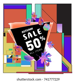 Autumn sale memphis style web banner. Fashion and travel discount poster. Vector holiday Abstract colorful illustration with special offer and promotion.