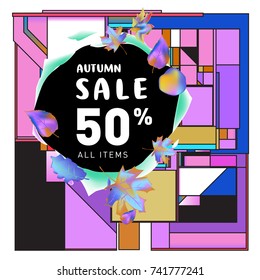 Autumn sale memphis style web banner. Fashion and travel discount poster. Vector holiday Abstract colorful illustration with special offer and promotion.