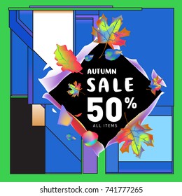 Autumn sale memphis style web banner. Fashion and travel discount poster. Vector holiday Abstract colorful illustration with special offer and promotion.