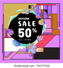 Autumn sale memphis style web banner. Fashion and travel discount poster. Vector holiday Abstract colorful illustration with special offer and promotion.