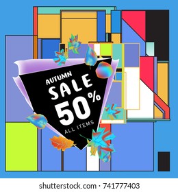 Autumn sale memphis style web banner. Fashion and travel discount poster. Vector holiday Abstract colorful illustration with special offer and promotion.