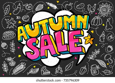 Autumn Sale message in pop art style on blackboard. Vector illustration.