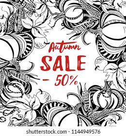 Autumn Sale minus 50 text. Vector illustration, Autumn sale tag isolated on background with pumpkins, apples and corn.