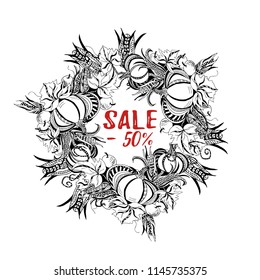 Autumn Sale minus 50 text. Vector illustration, Autumn sale tag isolated on background with pumpkins, apples and corn.