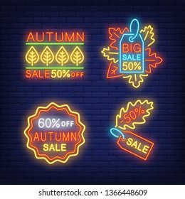 Autumn sale, minus fifty percent neon letterings set. Offer, shopping and sale advertising design. Night bright neon sign, colorful billboard, light banner. Vector illustration in neon style.