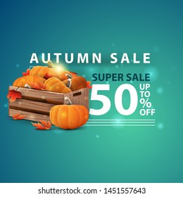 Autumn sale, modern creative 3D web banner with wooden crates of ripe pumpkins and autumn