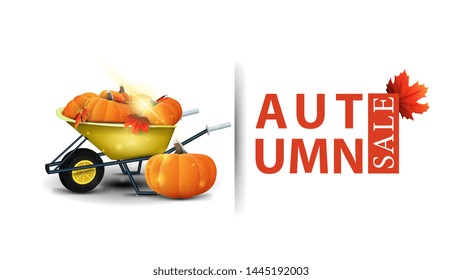 Autumn sale, modern design of a discount banner for your site with garden wheelbarrow with a harvest of pumpkins and autumn leaves