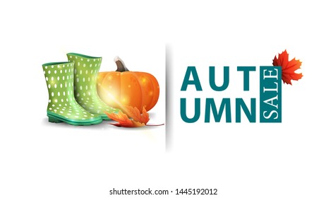 Autumn sale, modern design of a discount banner for your site with rubber boots and pumpkin