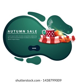 Autumn sale, modern discount banner in the form of smooth lines for your business with mug of hot tea and warm scarf