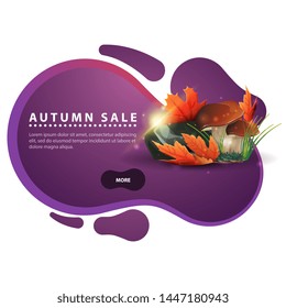 Autumn sale, modern discount banner in the form of smooth lines for your business with mushrooms and autumn leaves