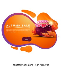 Autumn sale, modern discount banner in the form of smooth lines for your business with jar of jam and maple leaves