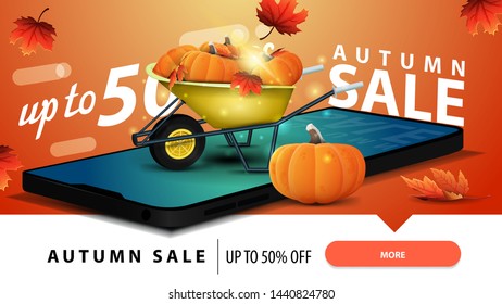 Autumn sale, modern discount web banner for your website with a smartphone, garden wheelbarrow with a harvest of pumpkins and autumn leaves