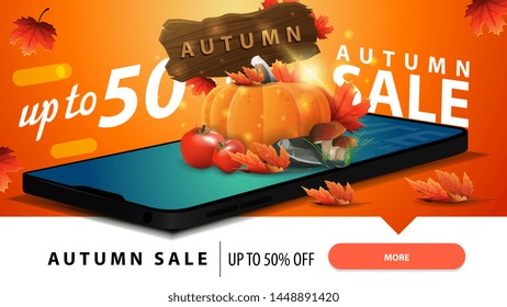 Autumn sale, modern discount web banner for your website with a smartphone, harvest of vegetables and a wooden sign
