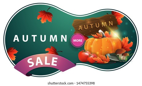 Autumn sale, modern green discount banner with harvest of vegetables and a wooden sign