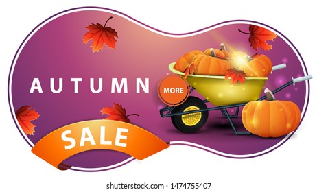 Autumn sale, modern pink discount banner with garden wheelbarrow with a harvest of pumpkins and autumn leaves