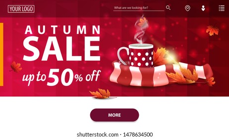 Autumn sale, modern red horizontal web banner with mug of hot tea and warm scarf