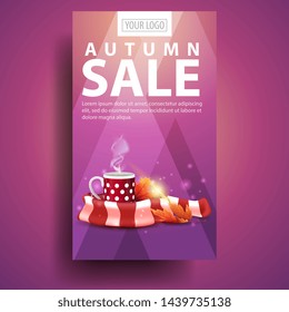Autumn sale, modern, stylish vertical banner for your business with mug of hot tea and warm scarf