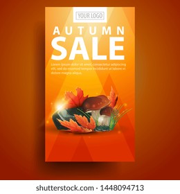 Autumn sale, modern, stylish vertical banner for your business with mushrooms and autumn leaves