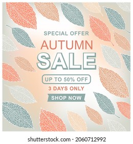 Autumn sale modern trendy colors poster design set with colorful leaves element in background and sale discount text for fall season shopping promotion.