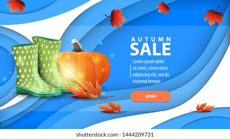 Autumn sale, modern web banner in paper cut style for your website with rubber boots and pumpkin
