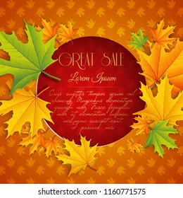 Autumn sale natural template with text in red circle colorful maple leaves and foliage background vector illustration