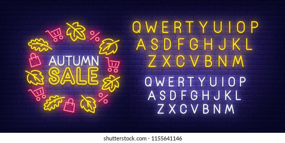 Autumn Sale neon sign, bright signboard, light banner. Autumn Discounts logo. Neon sign creator. Neon text edit
