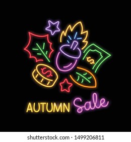 autumn sale neon signboard vector design